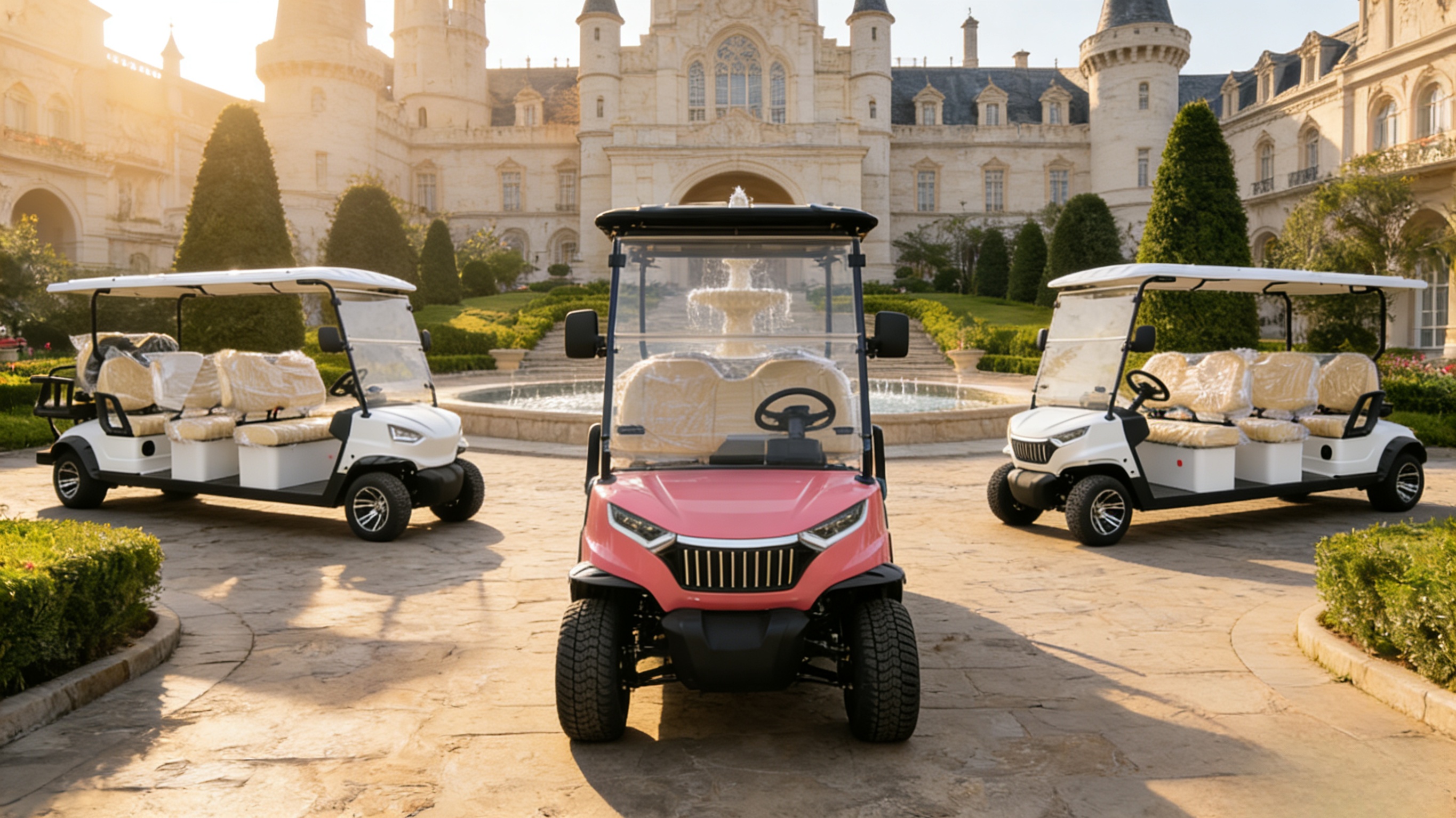 Golf Carts Beyond the Course: Full-Scenario Commercial Mobility Solutions Dois carrinhos de golfe elétricos (branco e rosa) estacionados em um gramado verde com um lago e uma mansão histórica ao fundo, apresentando soluções de mobilidade comercial em vários cenários