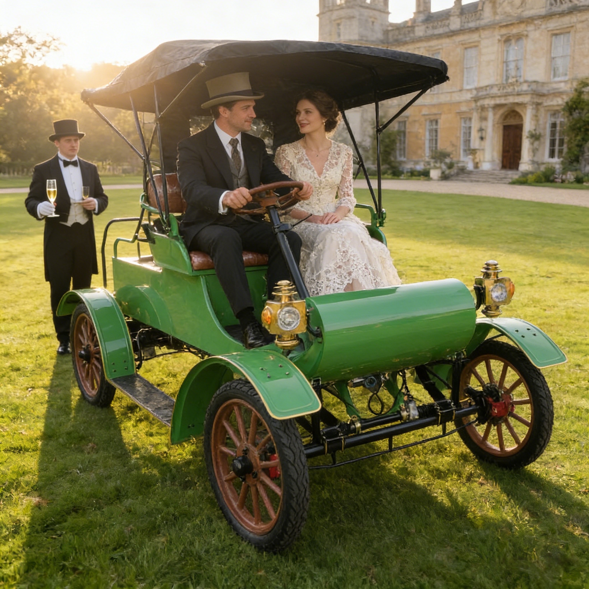 Carro vintage el&eacute;trico retr&ocirc; verde - cena de boas-vindas do casamento na mans&atilde;o (com noivo, noiva e padrinho)