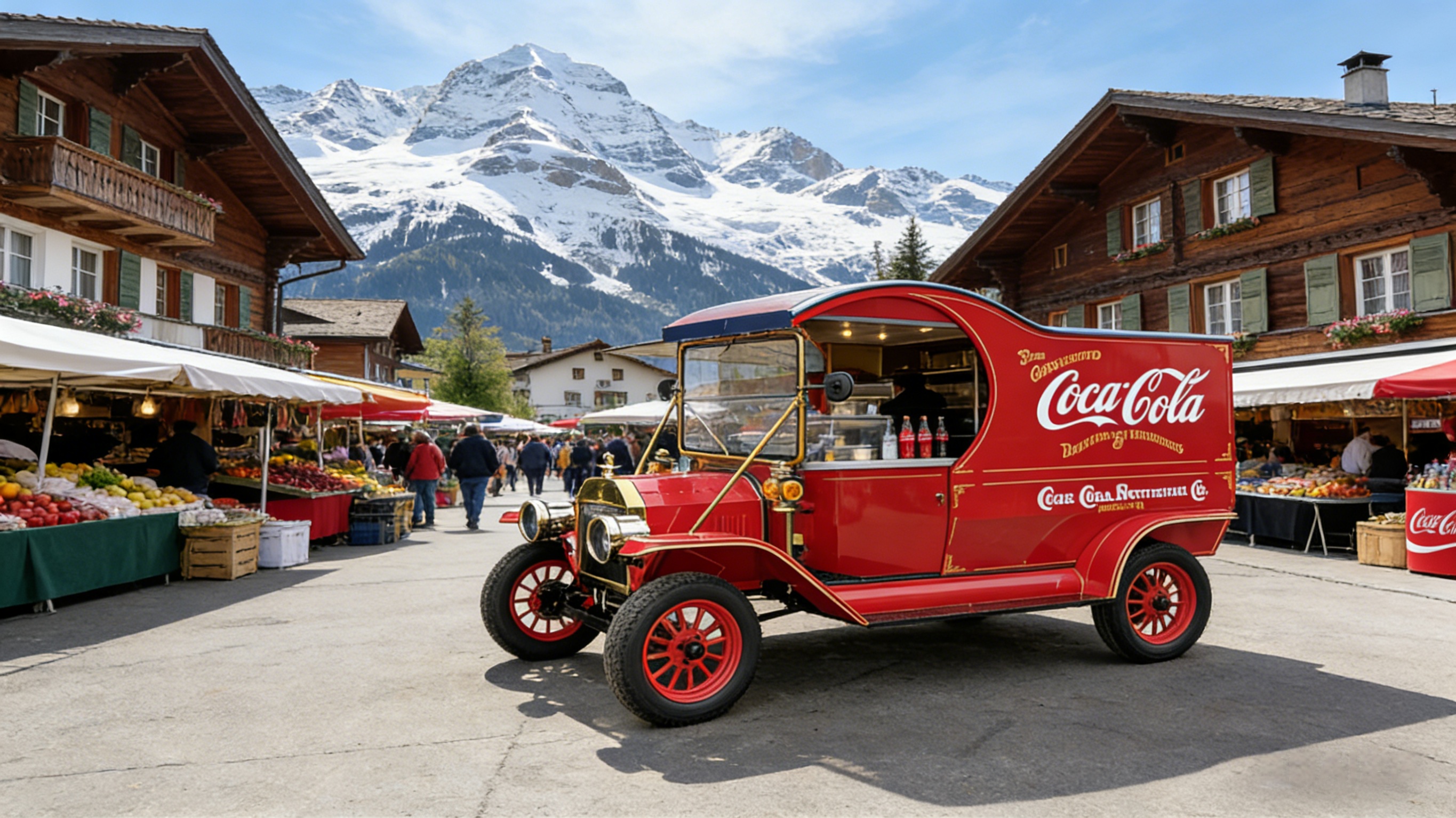 YATIAN Vintage Electric Coca-Cola Truck em um mercado de vilarejo alpino su&iacute;&ccedil;o com montanhas cobertas de neve ao fundo