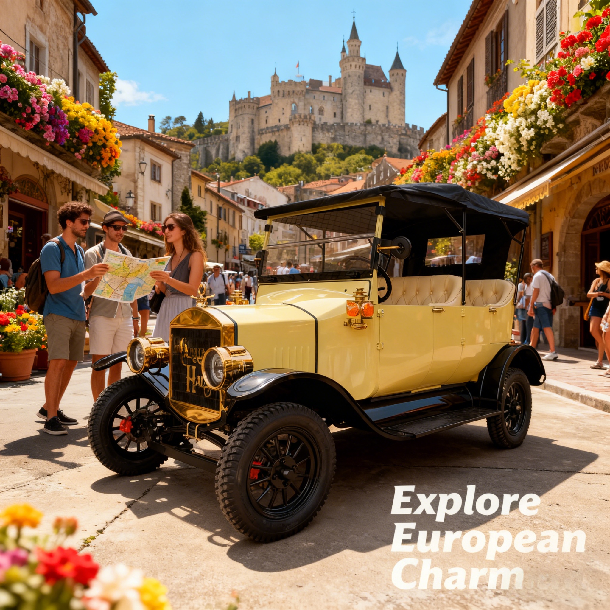 Carro tur&iacute;stico el&eacute;trico retr&ocirc; vermelho Yatian – combinando com o cen&aacute;rio azul e branco do mar Egeu de Santorini
