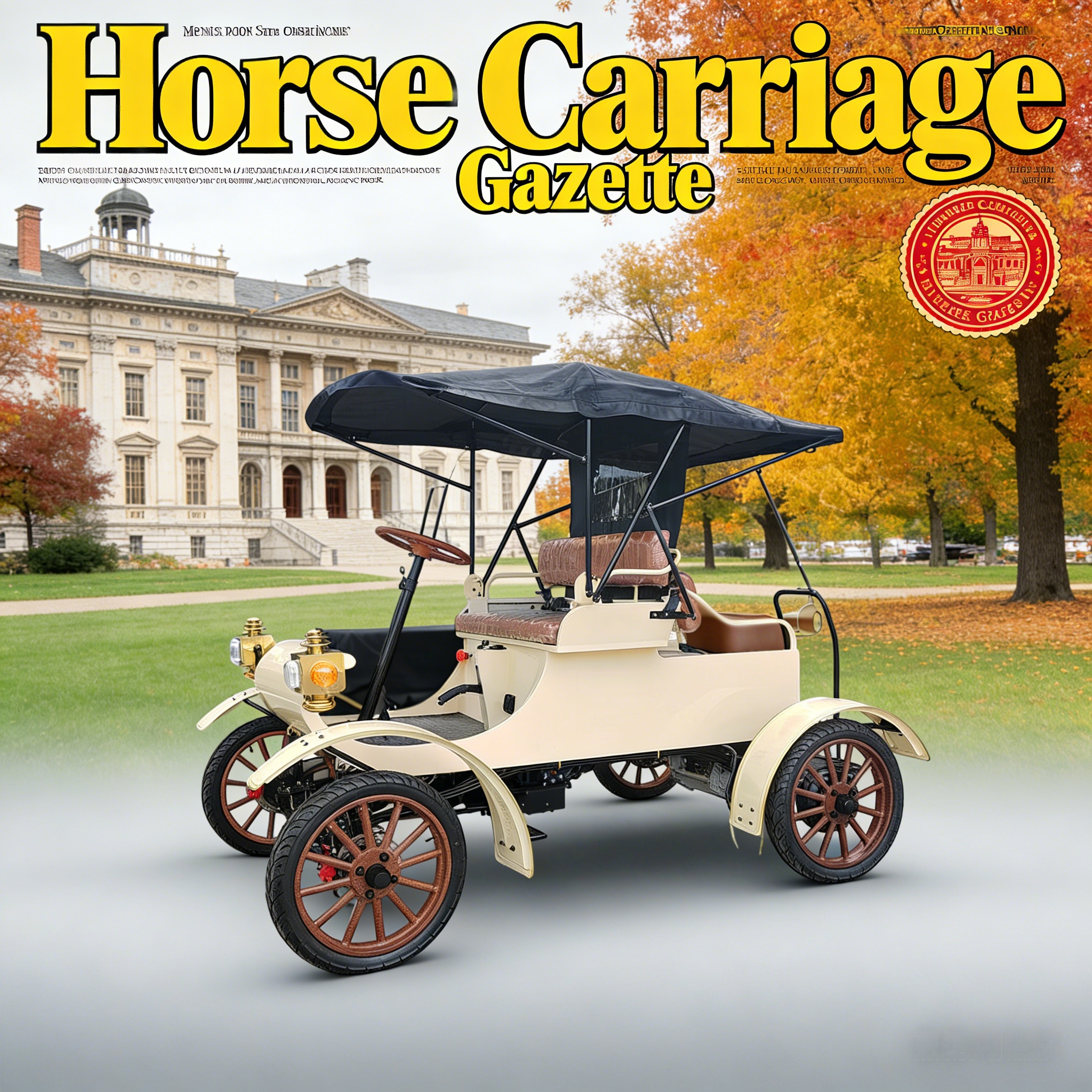Carro vintage el&eacute;trico retr&ocirc; branco - cena da capa da revista 'Horse Carriage Gazette' (no jardim de outono)