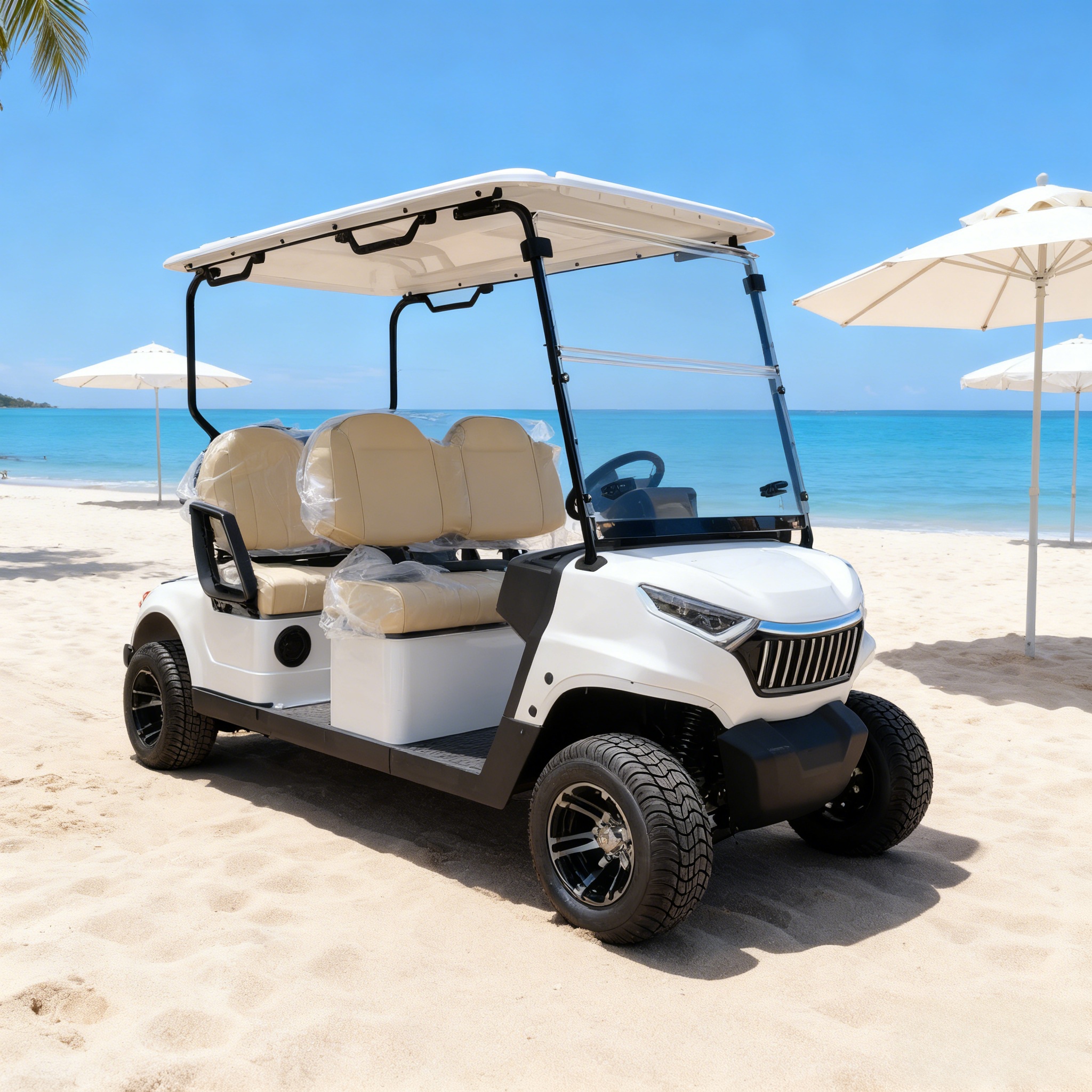 Carrinho de golfe el&eacute;trico branco de 4 lugares em uma praia arenosa com fundo de resort costeiro, perfeito para &ocirc;nibus de f&eacute;rias na praia