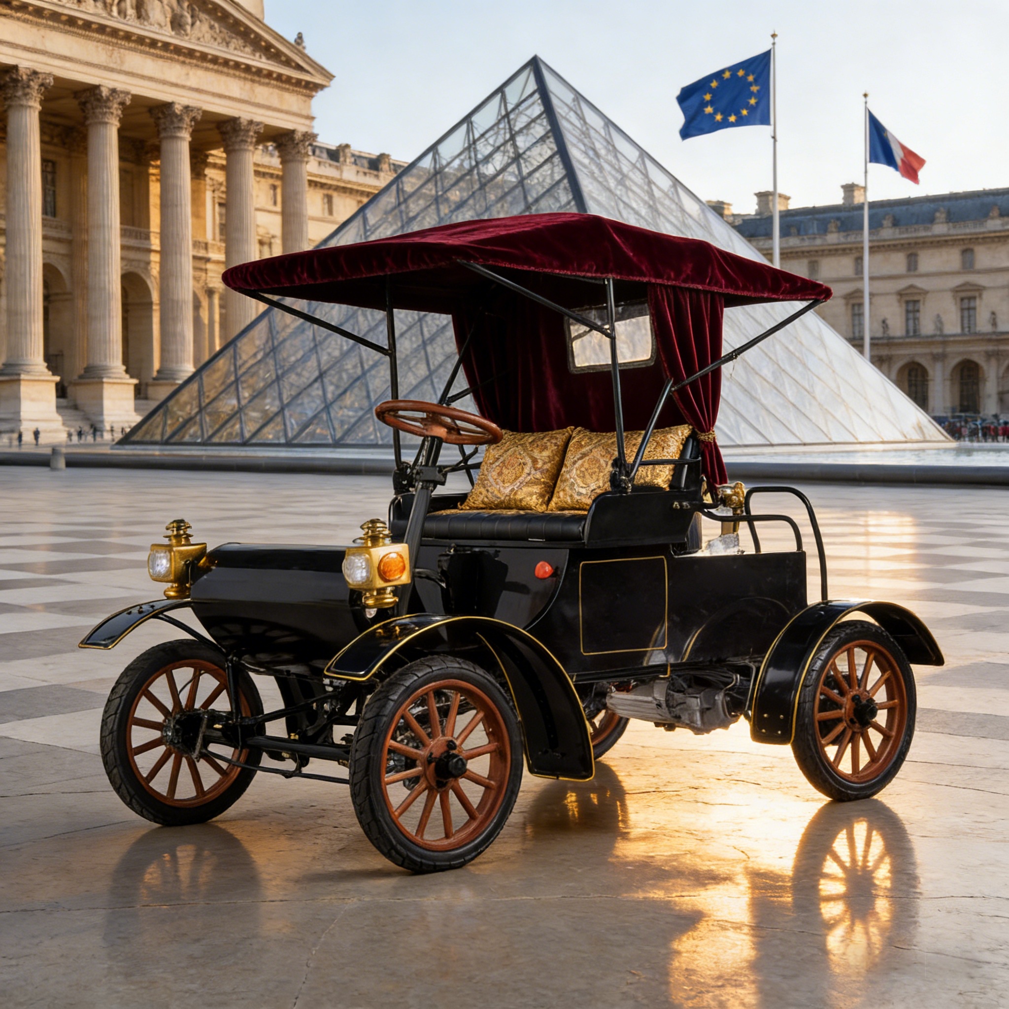 Carro el&eacute;trico vintage real preto - cen&aacute;rio de turismo cultural sofisticado em frente ao Louvre (com decora&ccedil;&atilde;o de dossel de veludo vermelho)