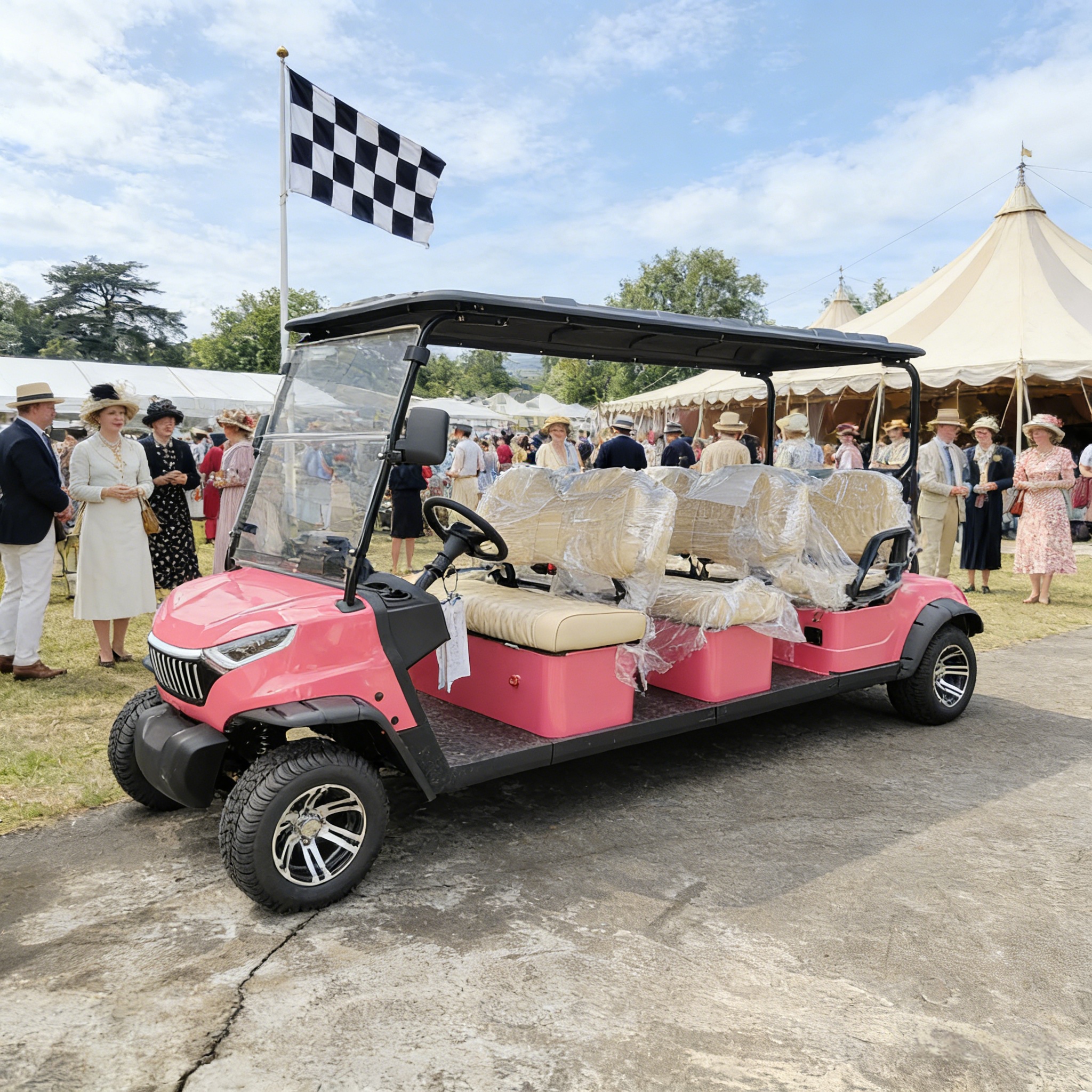 Carrinho de golfe el&eacute;trico retr&ocirc; rosa de 6 lugares em um local sofisticado para casamentos vintage, servindo como um elegante servi&ccedil;o de transporte para convidados e local para check-in de fotos