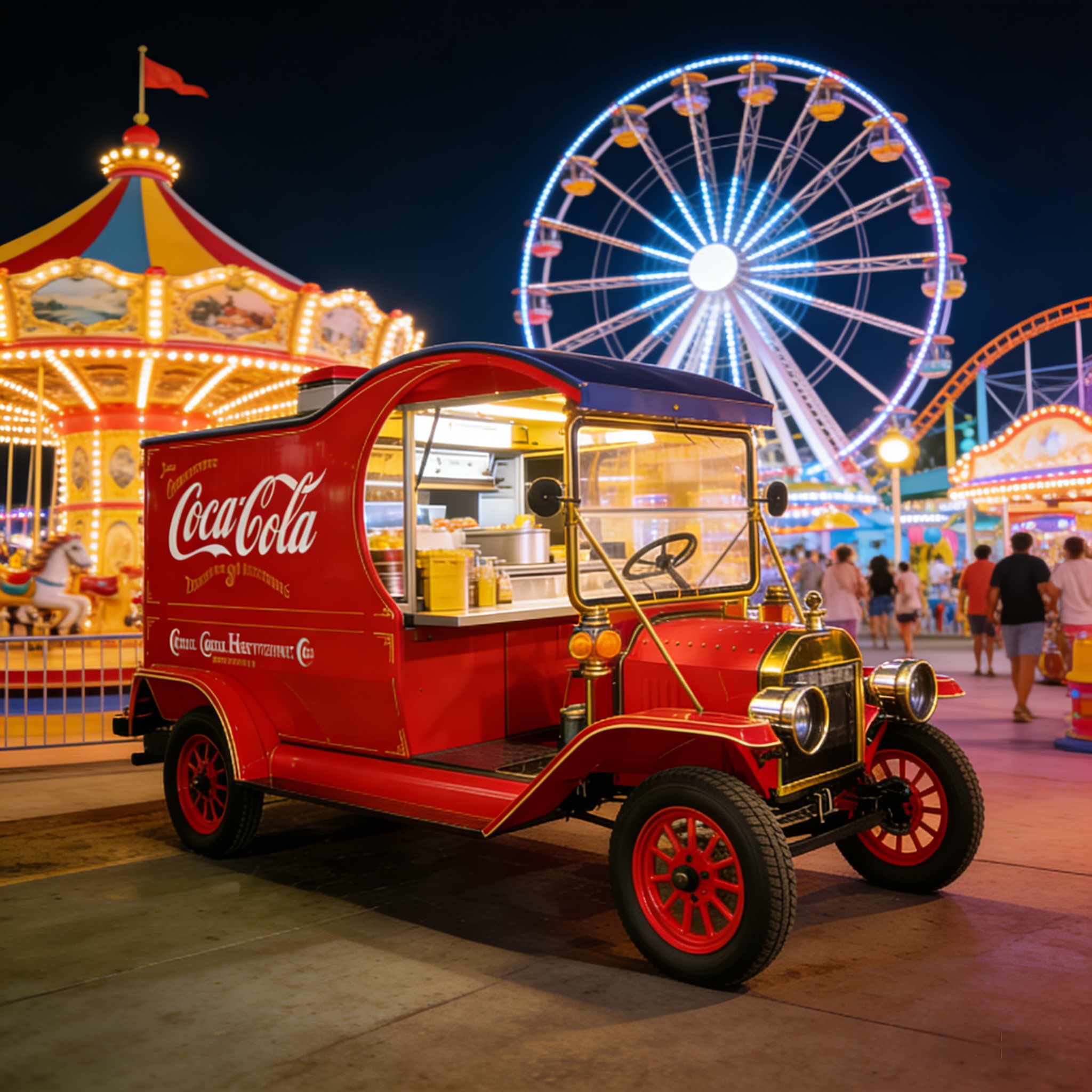 Coca-Cola Retro Mobile Food Truck em um parque de divers&otilde;es com roda gigante