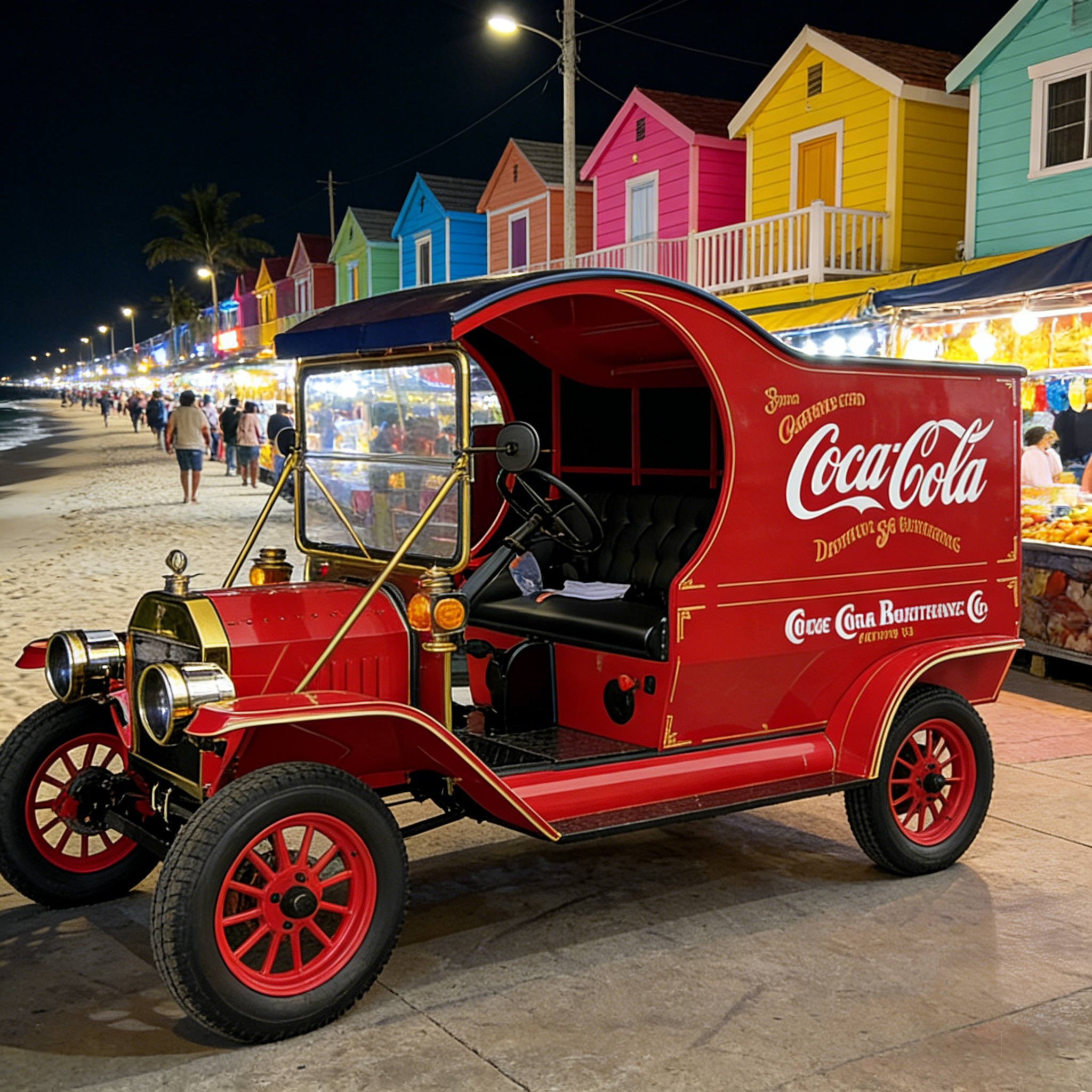 Coca-Cola Retro Mobile Food Truck em um mercado noturno de praia com casas coloridas