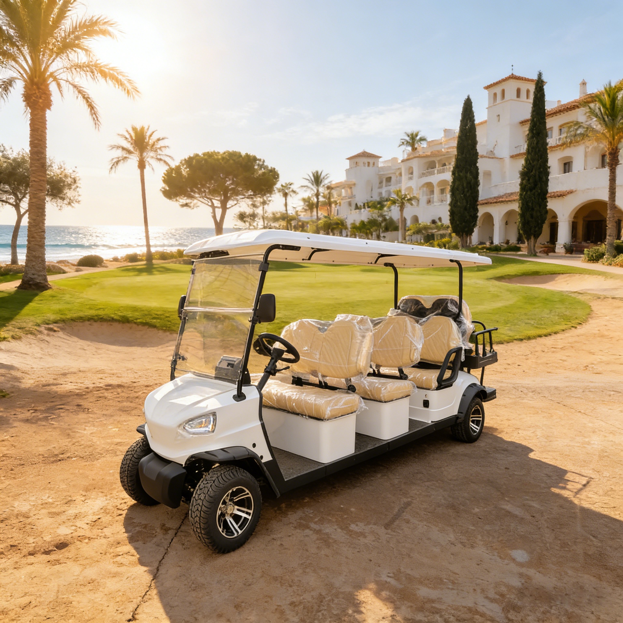 Carrinho de golfe el&eacute;trico branco de 8 lugares em uma mans&atilde;o costeira, proporcionando transporte de grupo para h&oacute;spedes do resort
