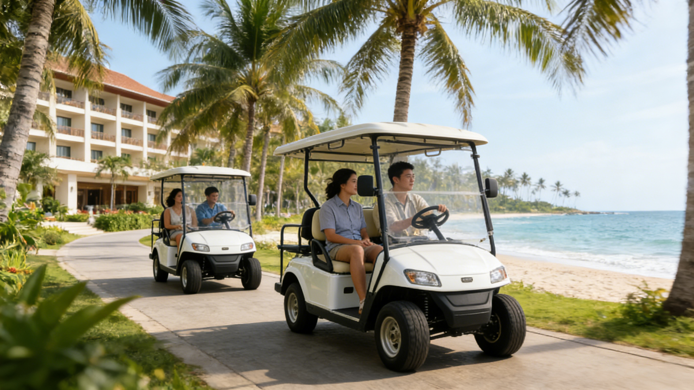 Carrinho de golfe el&eacute;trico de 2 lugares para transporte em resort na Tail&acirc;ndia