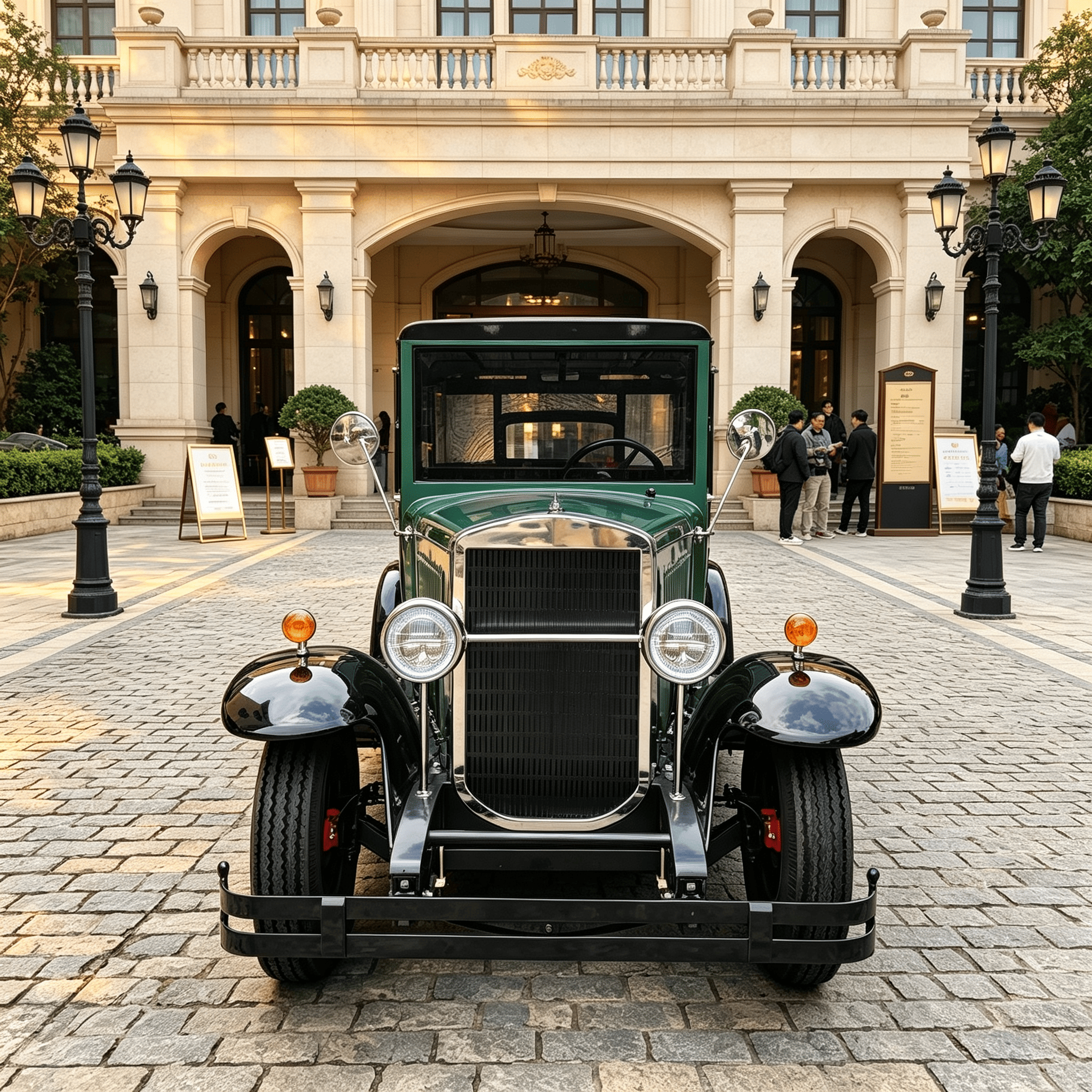 Carro de turismo clássico vintage elétrico de 5 lugares, verde oliva, retrô, ônibus elétrico com bateria de lítio de 72V